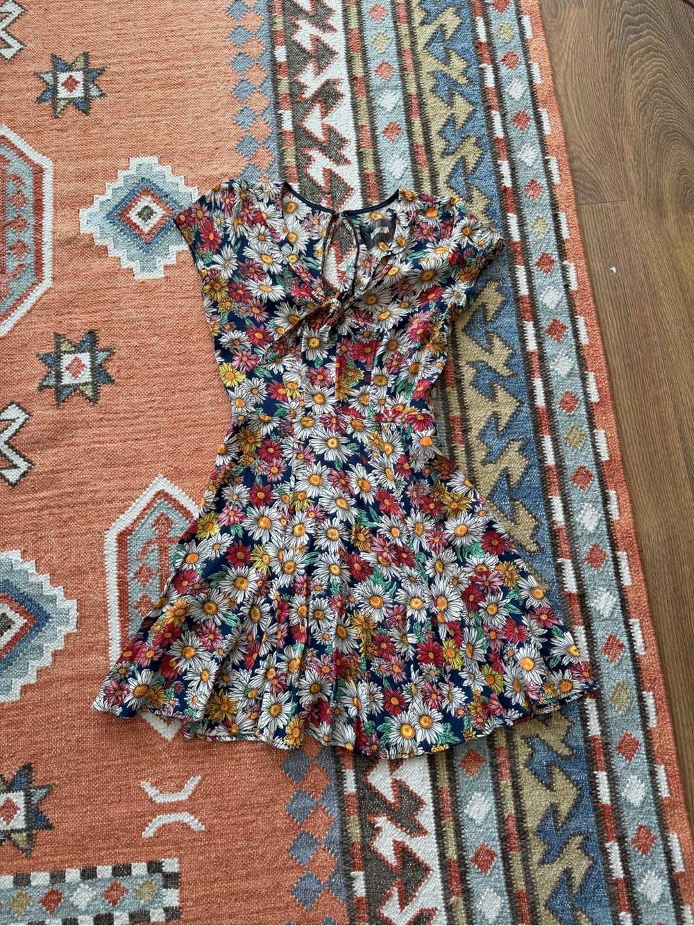 Reformation Floral Mini Dress in Navy with White and Mustard Daisies